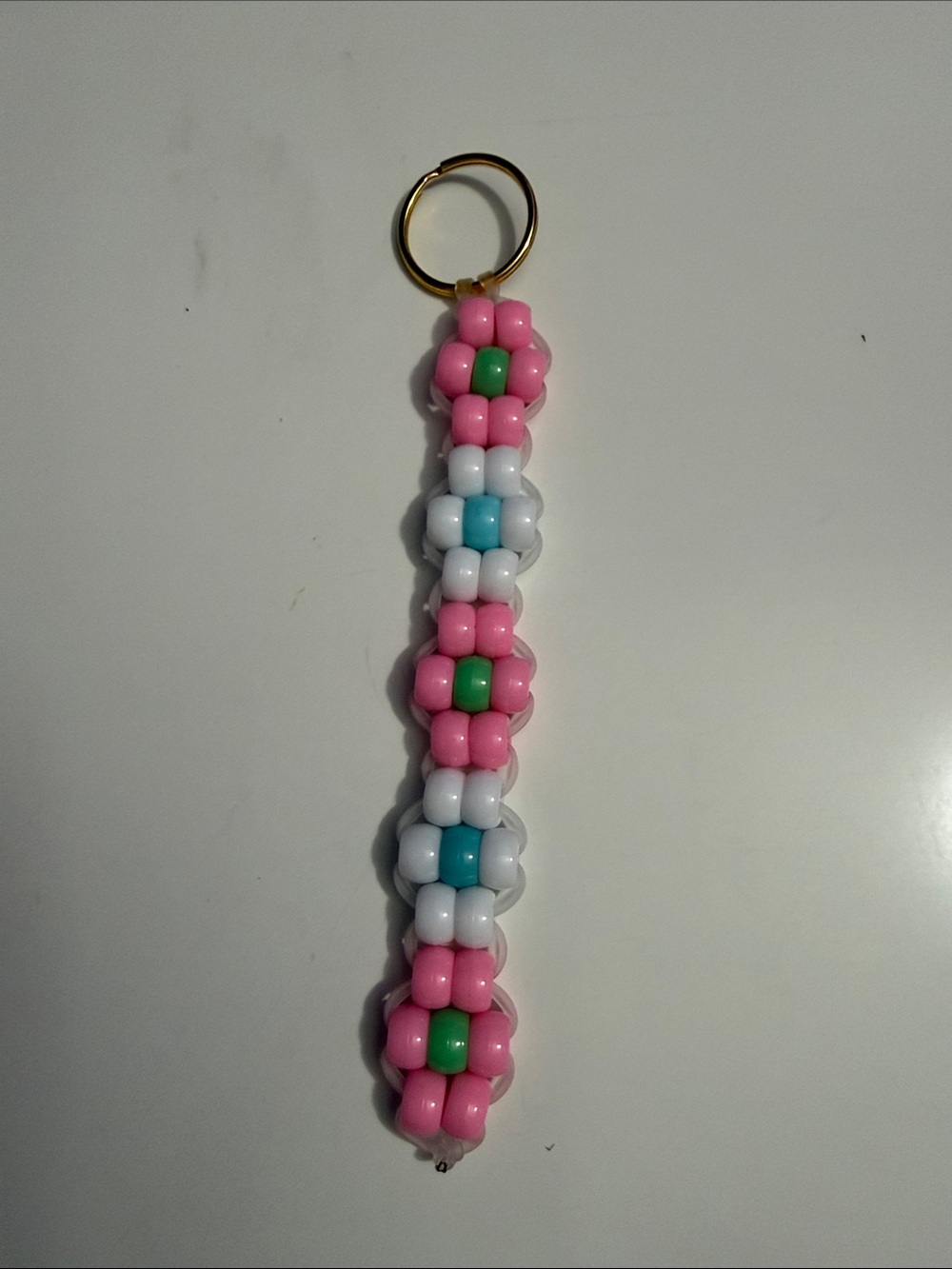Handmade Pink White Beaded Keychain with Green & Teal Accents